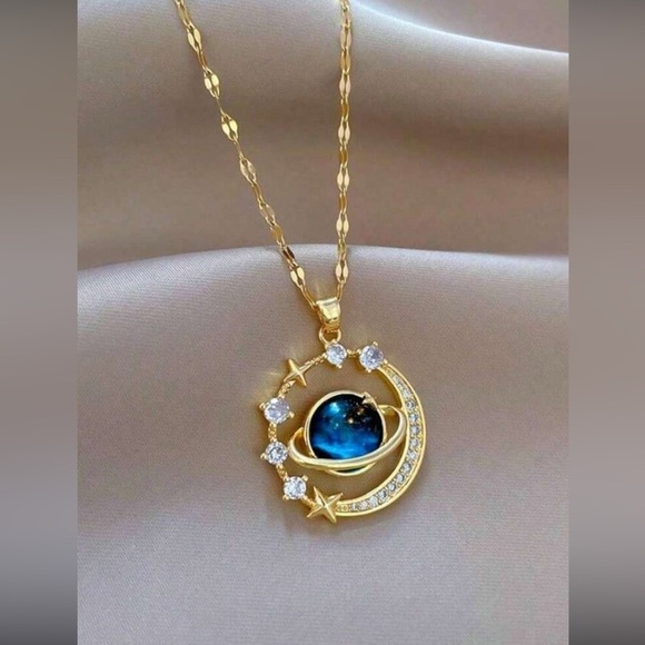 None Jewelry - Gold and Blue Planet Pendant Necklace